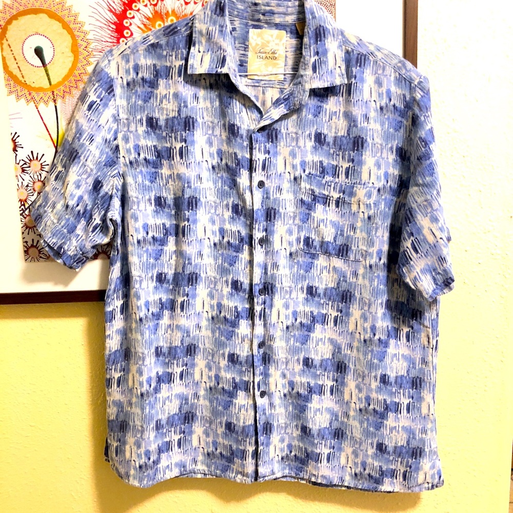 Tasso Elba Island Blue Hawaiian Silk/Linen Top Shirt L
